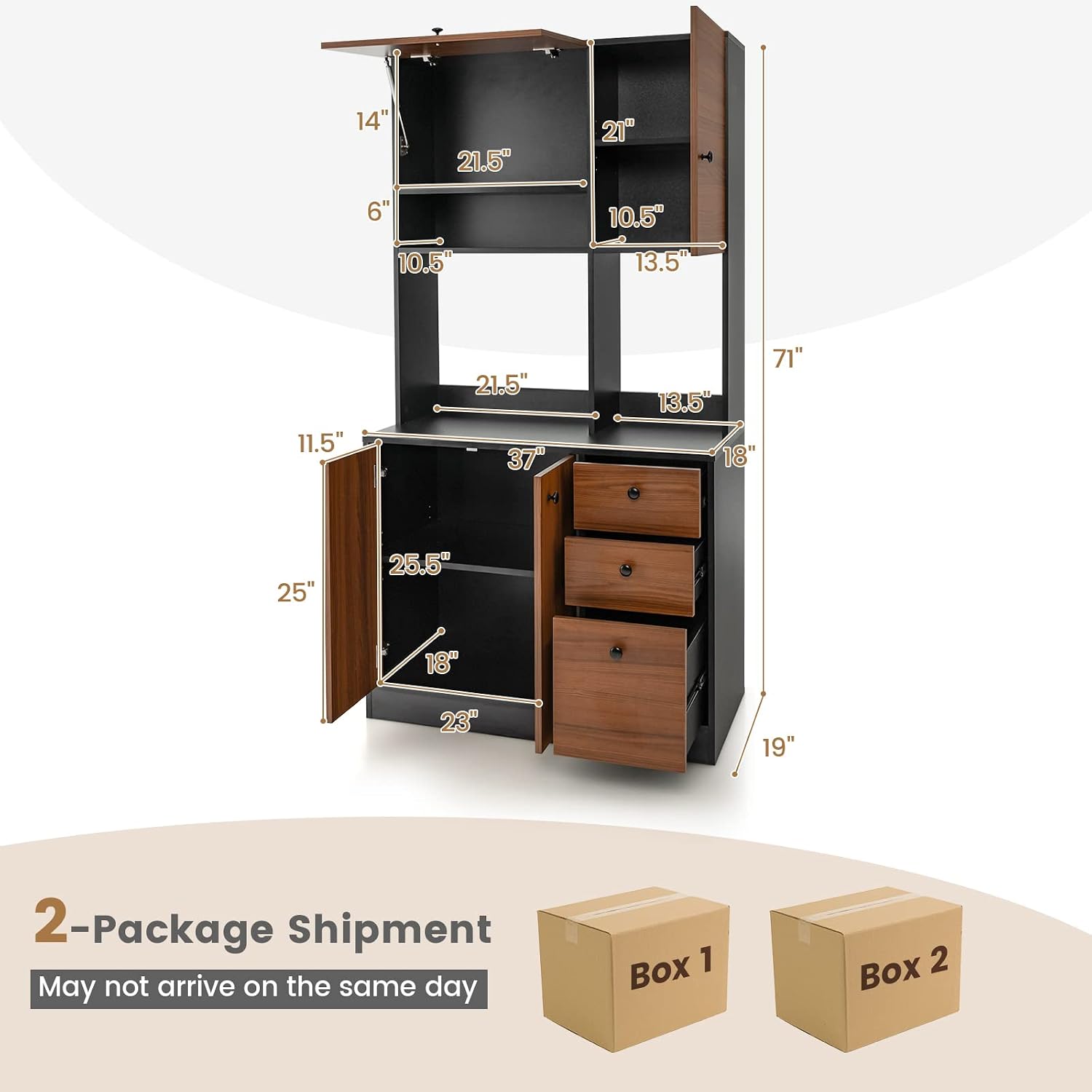 Giantex Kitchen Pantry, Buffet Hutch with 3 Storage Cabinet, 71'' Floor Large Cupboard with 3 Deep Drawers, Wide Countertop, Adjustable Shelves, Tall Sideboard (Walnut)