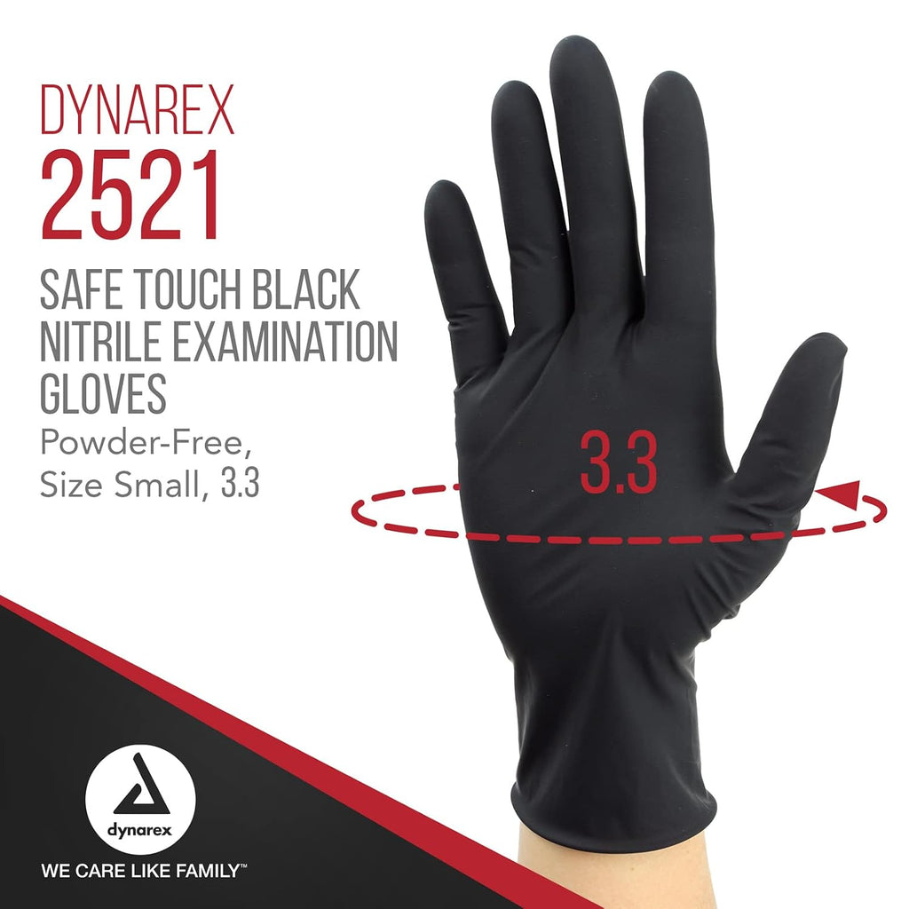 Dynarex Safe-Touch Black Disposable Nitrile Exam Gloves, Powder-Free, Used in Healthcare & Professional Settings, Law Enforcement, Tattoo, Salon or Spa, 1 Case Includes 10 Boxes of 100 Gloves (Small)