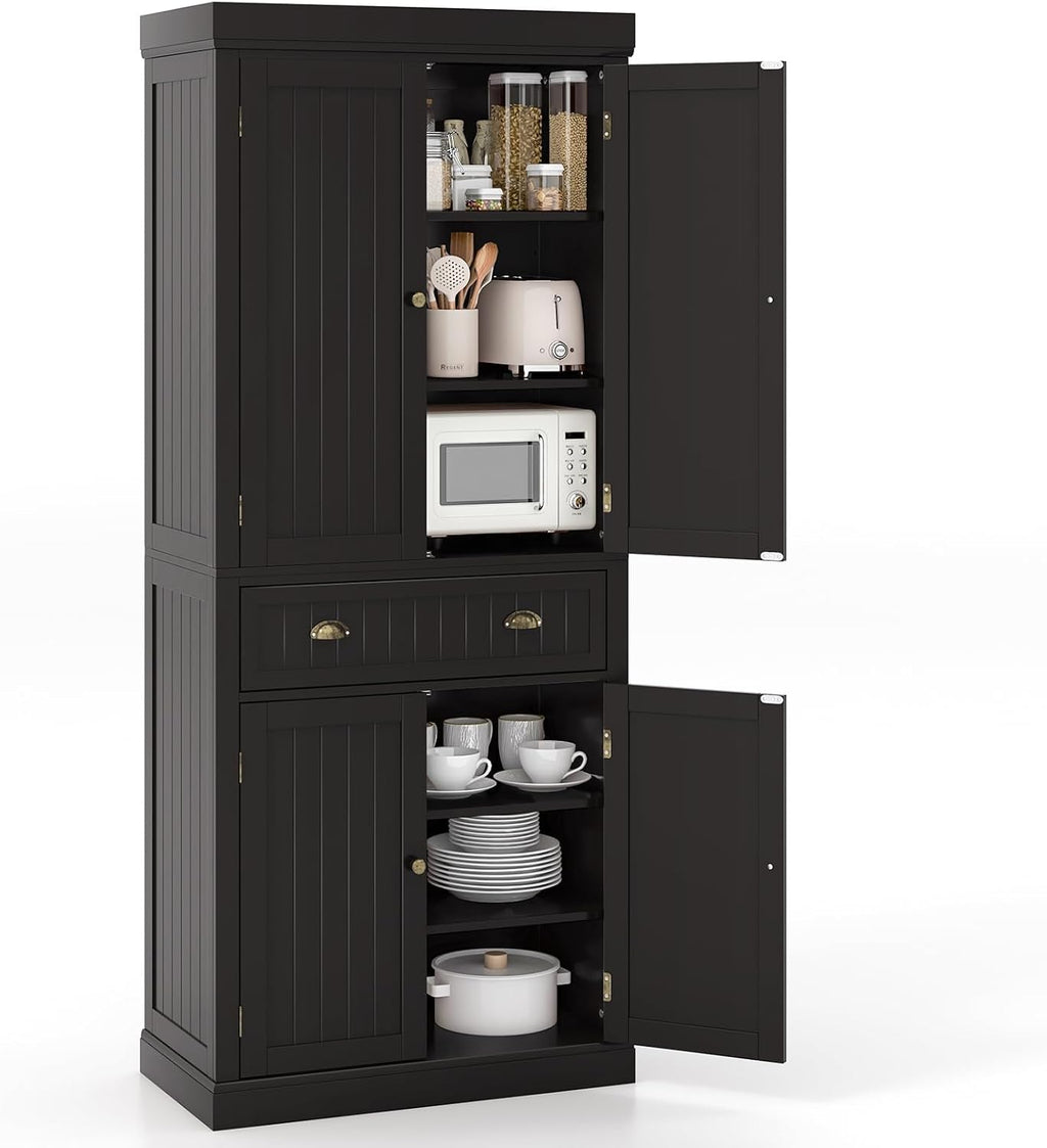 Tangkula 72' H Kitchen Pantry Cupboard Cabinet, Traditional Freestanding Large Tall Storage Cabinet with 2 Cabinets and Drawer, Adjustable Shelves, for Living Room Kitchen, 30 x 16 x 72 Inch