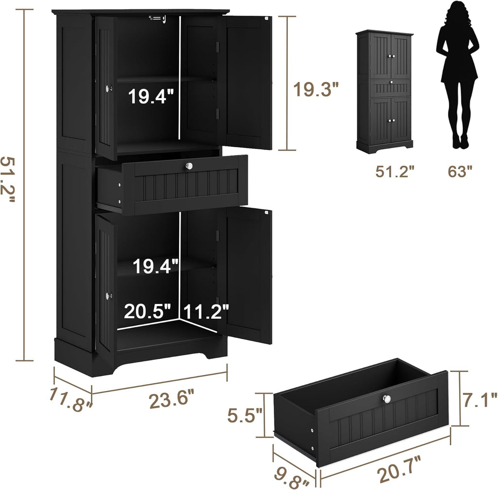 ChooChoo 51' H Tall Bathroom Floor Cabinet, Modern Bathroom Storage Cabinet with Drawer and Adjustable Shelves, Freestanding Kitchen Pantry Cupboard with 4 Doors for Living Room, Black