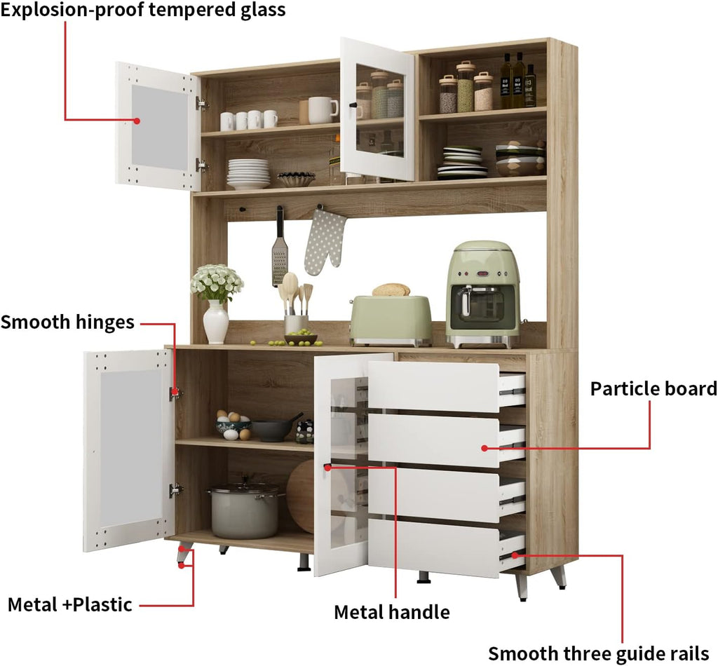 AIEGLE 63' W Large Kitchen Hutch Cabinet, Pantry Cabinets with Hutch, Freestanding Cupboard with 4 Doors, 4 Drawers & Microwave Shelf, Kitchen Storage Buffet, Wood Color (63' W x 15.7' D x 74.8' H)