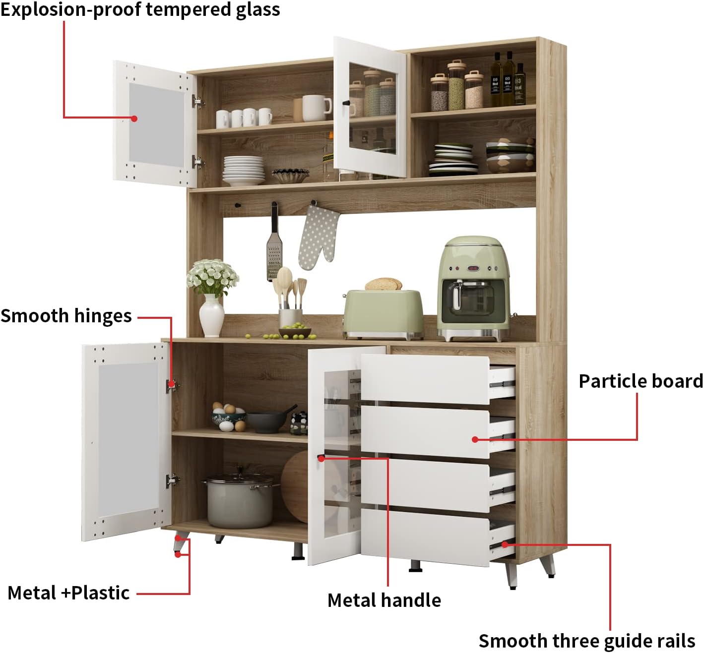 AIEGLE 63' W Large Kitchen Hutch Cabinet, Pantry Cabinets with Hutch, Freestanding Cupboard with 4 Doors, 4 Drawers & Microwave Shelf, Kitchen Storage Buffet, Wood Color (63' W x 15.7' D x 74.8' H)