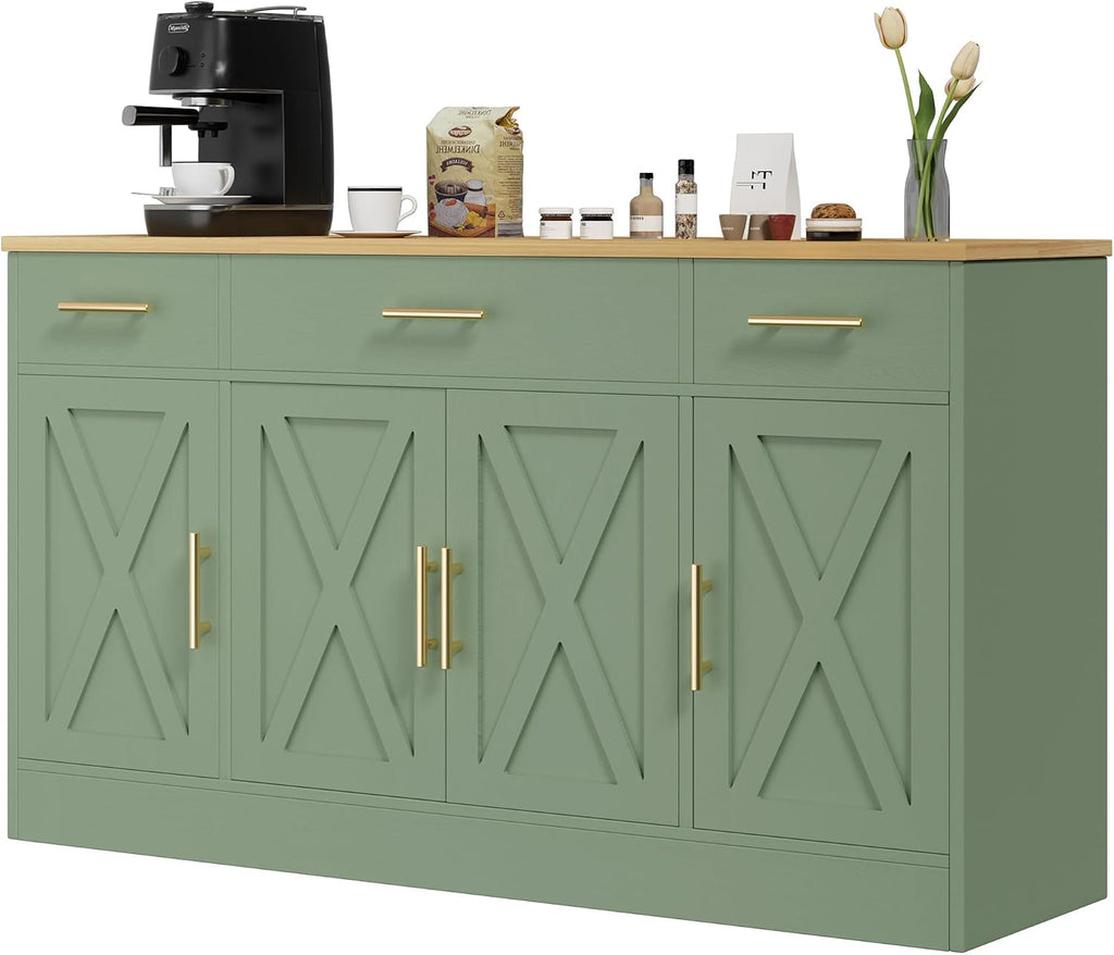 Farmhouse Buffet Cabinet, Accent Storage Cabinet with 4 Doors and 3 Drawers, Wide Sideboard Coffee Bar Cabinets for Living Room, Kitchen, Green