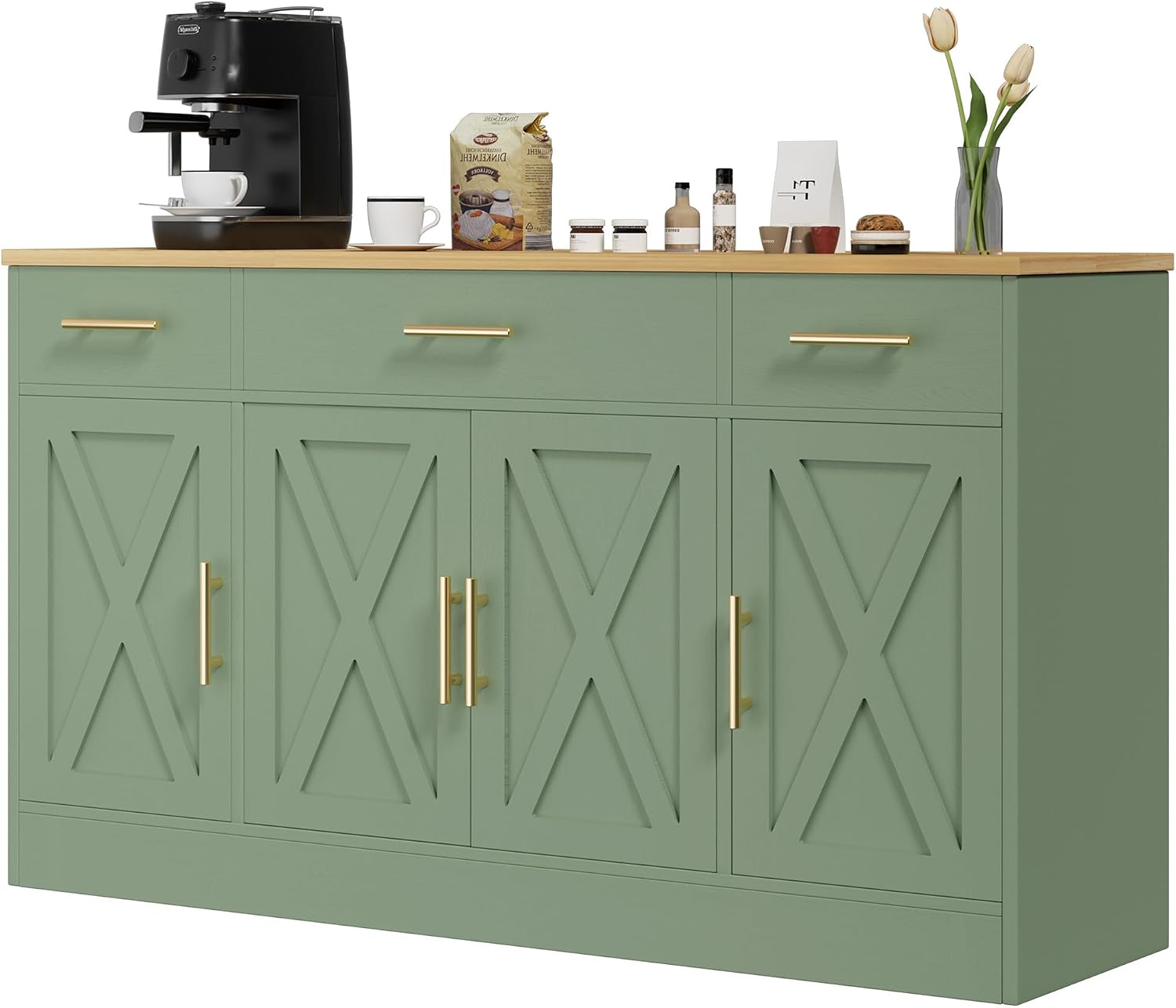 Farmhouse Buffet Cabinet, Accent Storage Cabinet with 4 Doors and 3 Drawers, Wide Sideboard Coffee Bar Cabinets for Living Room, Kitchen, Green