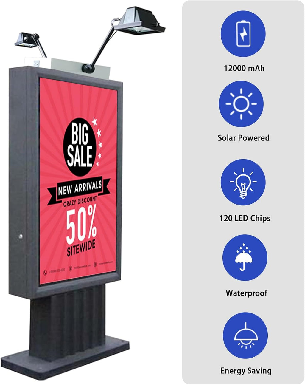 Solar Sign Lights Outdoor, 120 LEDs Solar Sign Light, Waterproof, 12000 mAh Sign Lighting, Billboard Light, Commercial Lights for Real Estate Signs, Business, Advertisement, High Way