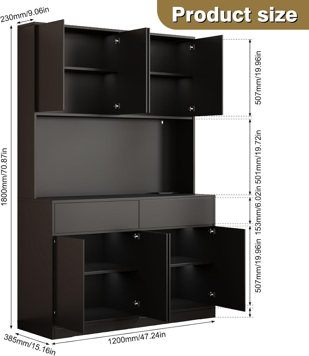 Hlivelood 71' Tall Pantry Cabinet, 47' Wide Kitchen Pantry Storage Cabinet with LED Light & Outlet, Kitchen Hutch with Microwave Shelf, Door Shelves & Drawer & Adjustable Shelves, for Dining Room