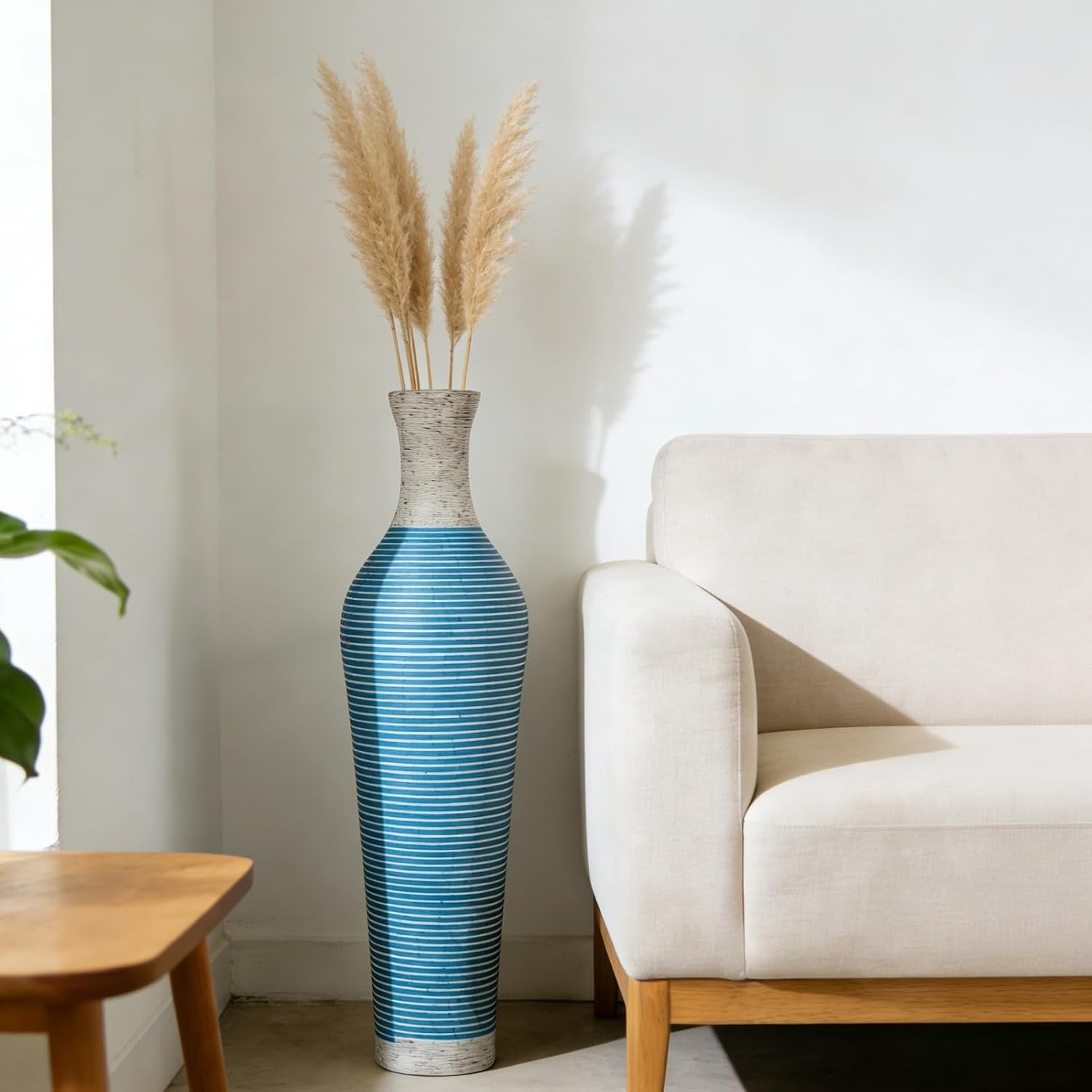 39-Inch Tall Vintage Floor Vase - Premium PVC Rattan Weave, Large Blue Striped Standing Vase, Flower Holder for Home Decor (Blue)