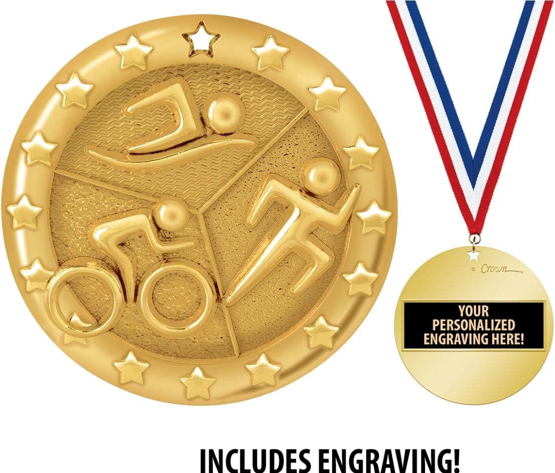 Crown Awards Triathlon Medal, 2' Shiny Gold Triathlon Medals for Kids with Free Custom Engraving Prime