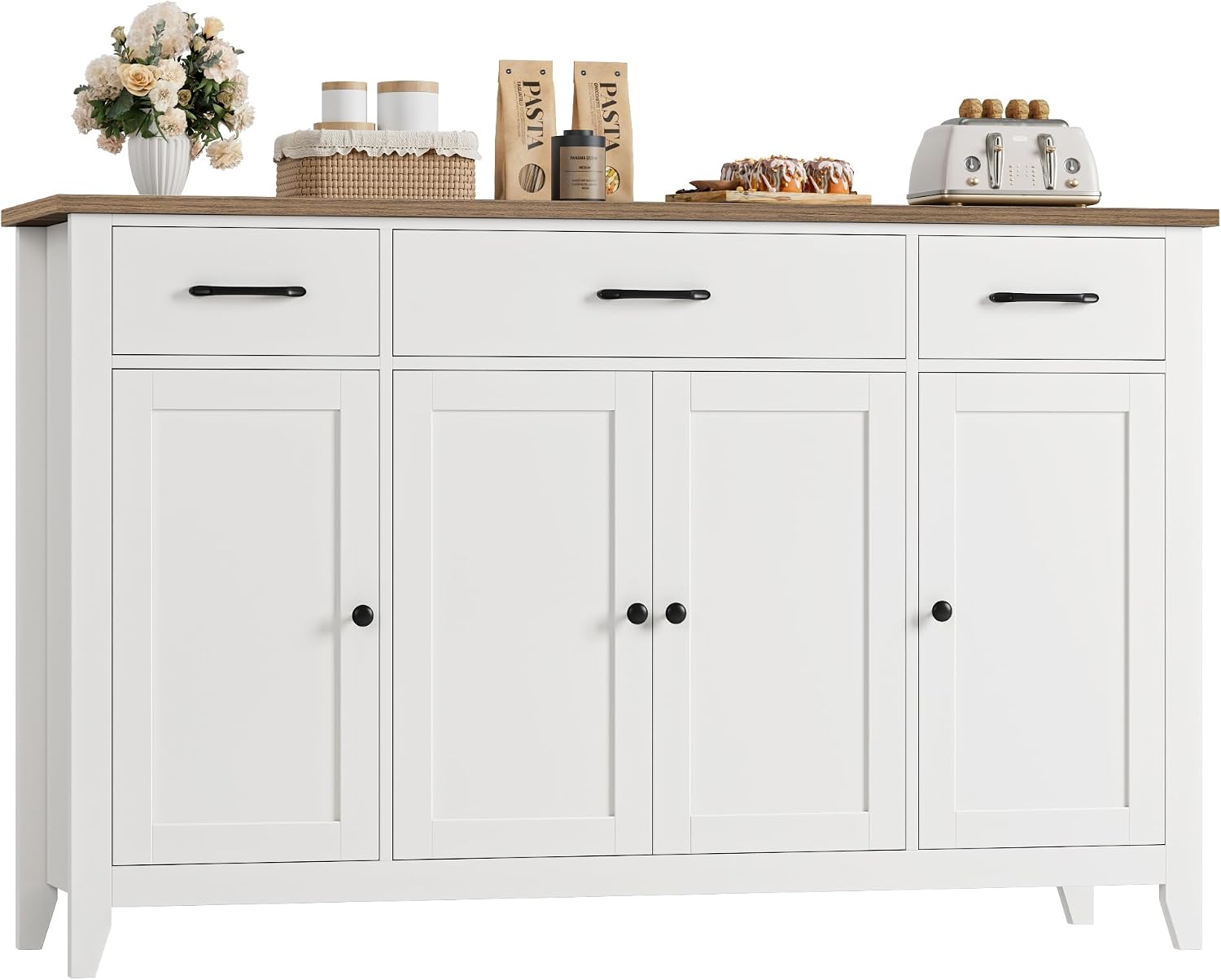 HORSTORS 55' Buffet Cabinet, Modern Farmhouse Sideboard Buffet with Drawers, Large Kitchen Storage Cabinet with Adjustable Shelves, Wood Coffee Bar for Kitchen, Dining Room, Living Room, White