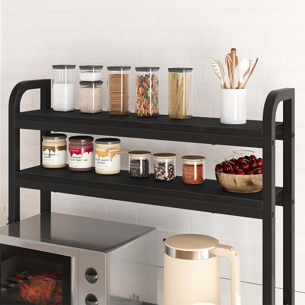 IDEALHOUSE Bakers Rack with Power Outlet, 6-Tier Coffee Bar Station with Wire Drawer, Industrial Microwave Stand, Kitchen Standing Bakers Racks with Large Storage, Hutch, Retro Black