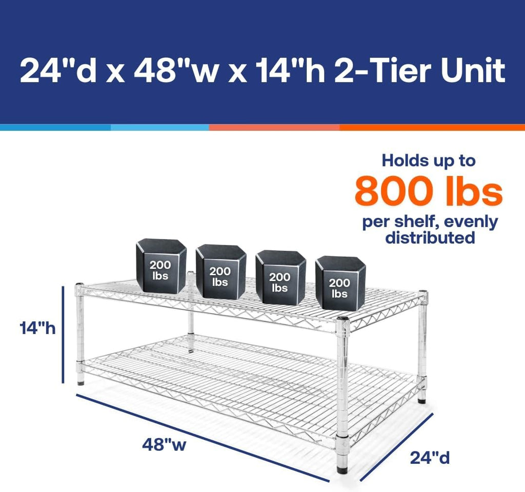 Shelving Inc. 24' d x 48' w Chrome Wire Shelving with 2 Tier Shelves, Weight Capacity 800lbs Per Shelf