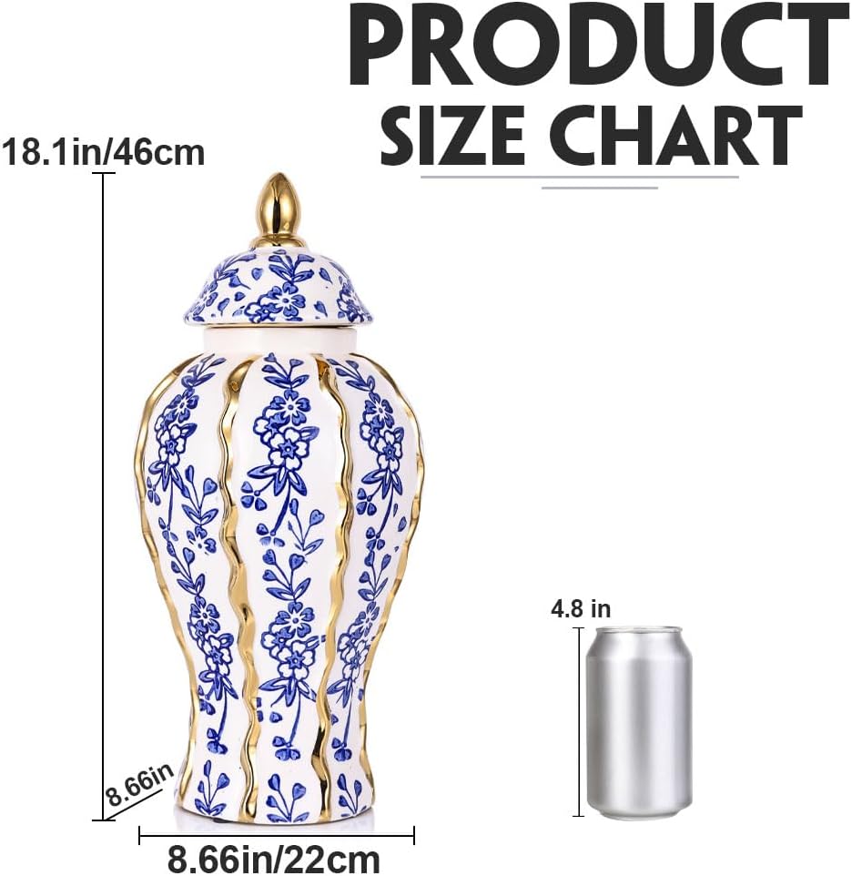 18.1in White and Gold Blue Luxury Ceramic Ginger Jar with Lid - Modern Geometry Decorative Vase for Home Decor, Living Room, Kitchen, Dining Table, Cabinet Decor, Storage