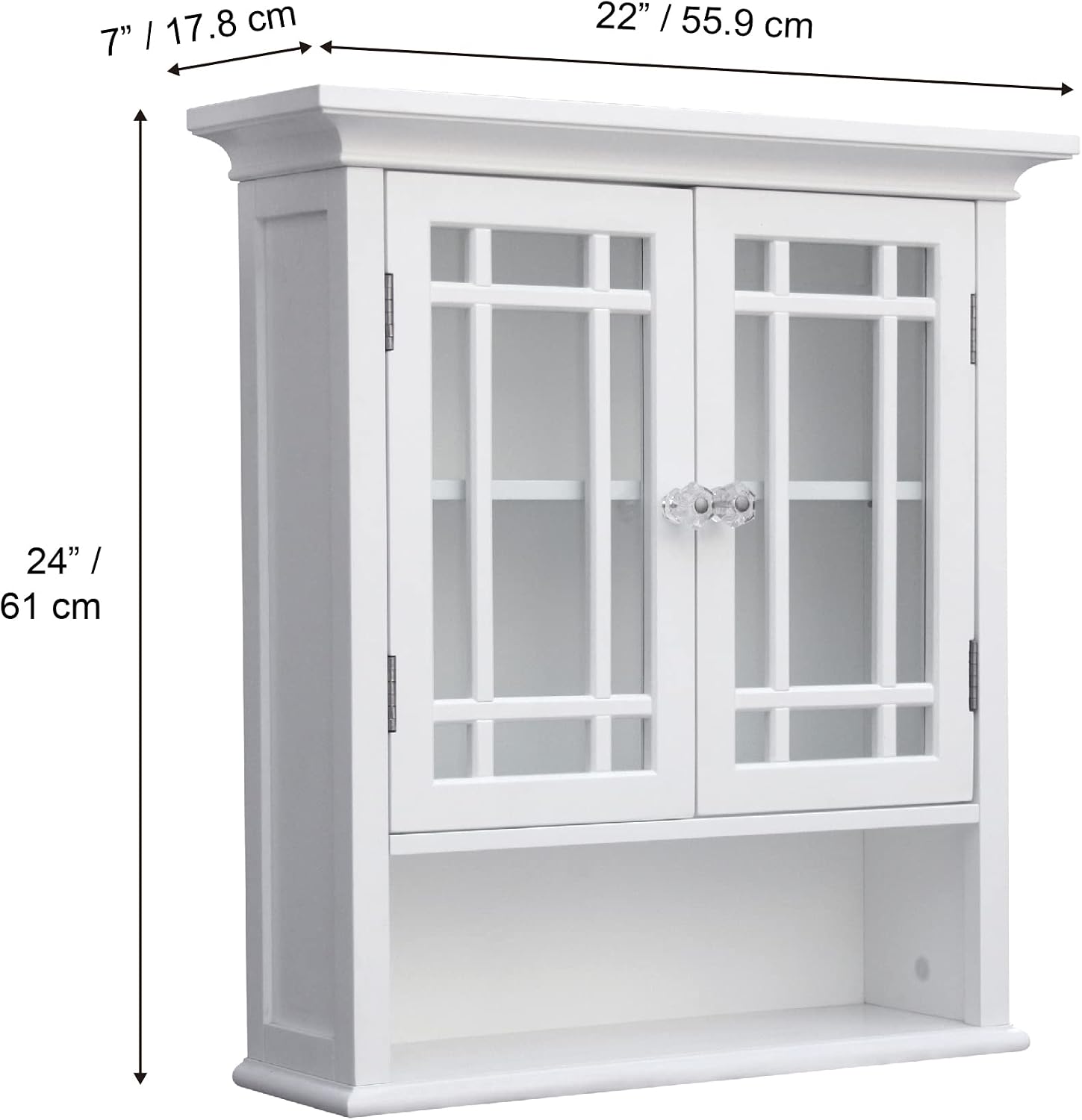 Teamson Home Neal Wooden Over The Toilet Bathroom Removable Wall Medicine Cabinet with 1 Fixed and 1 Adjustable Shelf 3 Storage Spaces 2 Glass Mosaic Doors and Crystal-Cut Acrylic Knobs, White