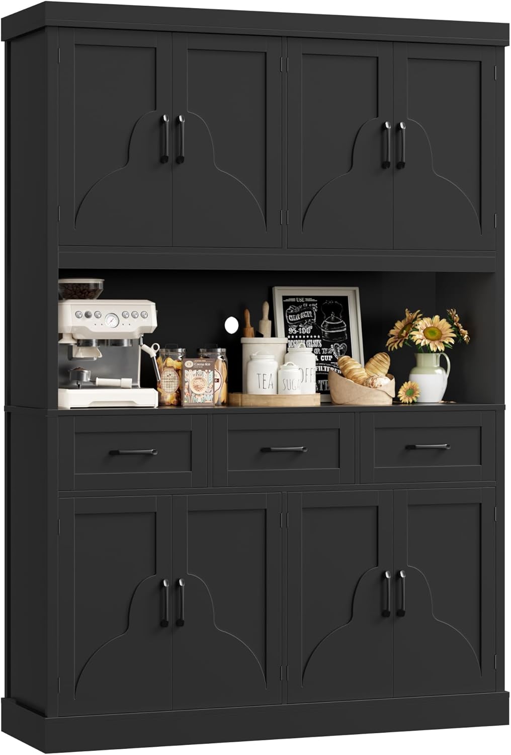 HITHOS 76' Tall Kitchen Pantry Storage Cabinet, 55' Wide Kitchen Hutch Cabinet with Storage Drawers, Large Food Pantry with Microwave Stand, Modern Cupboard with Hutch for Dining Living Room, Black