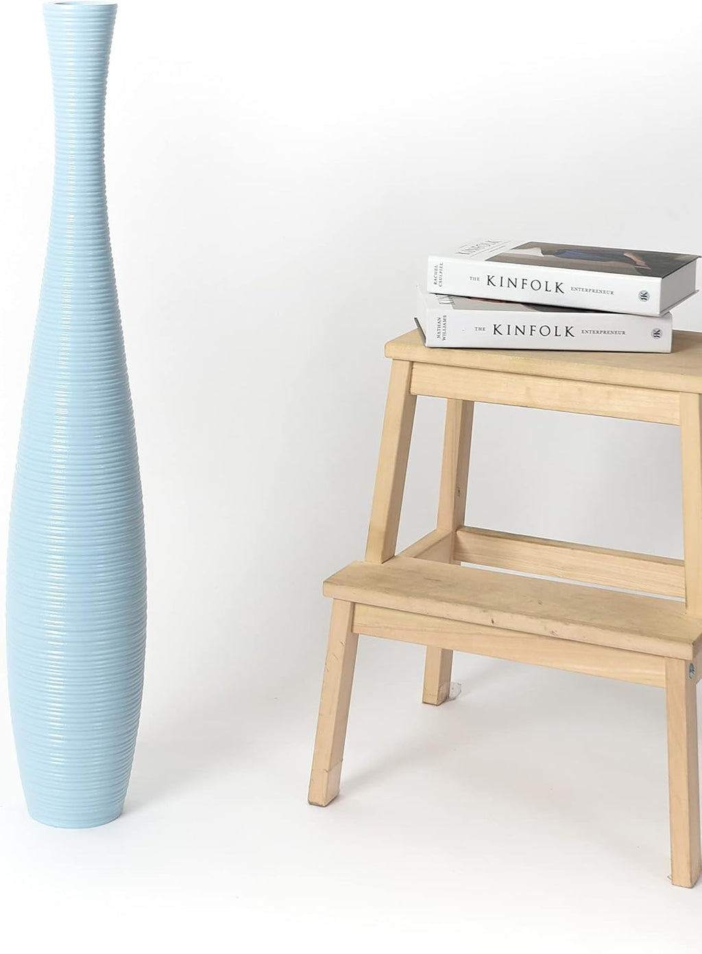 Leewadee Large Blue Home Decor Floor Vase - Wooden 34 inch Tall Farmhouse Decor Flower Holder for Fake Plant and Pampas Grass