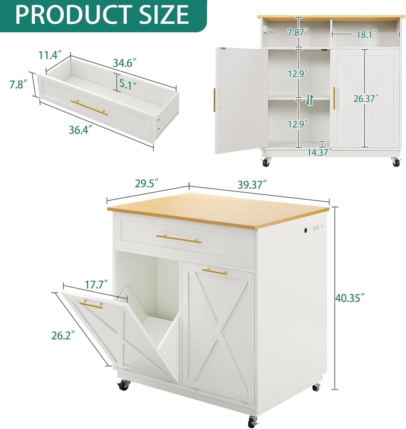 YITAHOME Mobile Storage Islands, Double Tilt Out Trash Cabinet with Power Outlet, Hidden Trash Cabinet Fit 20-Gallon Bin
