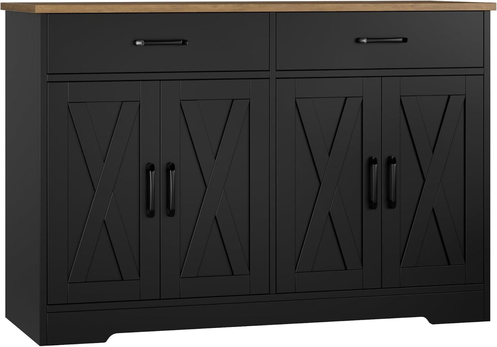 HOSTACK Buffet Cabinet with Storage, 47.2' Kitchen Sideboard Buffet with Drawers, Modern Farmhouse Coffee Bar Station with Shelves, Barn Doors Storage Cabinet for Living Room, Black/Rustic Brown