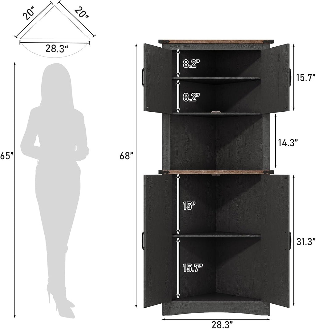 chartustriable 68' Tall Farmhouse Corner Cabinet, 28.3' Corner Storage Cabinet with 4 Doors and Adjustable Shelves, Tall Barn Door Cabinets with 5 Storage Shelves, for Kitchen, Bathroom, Black