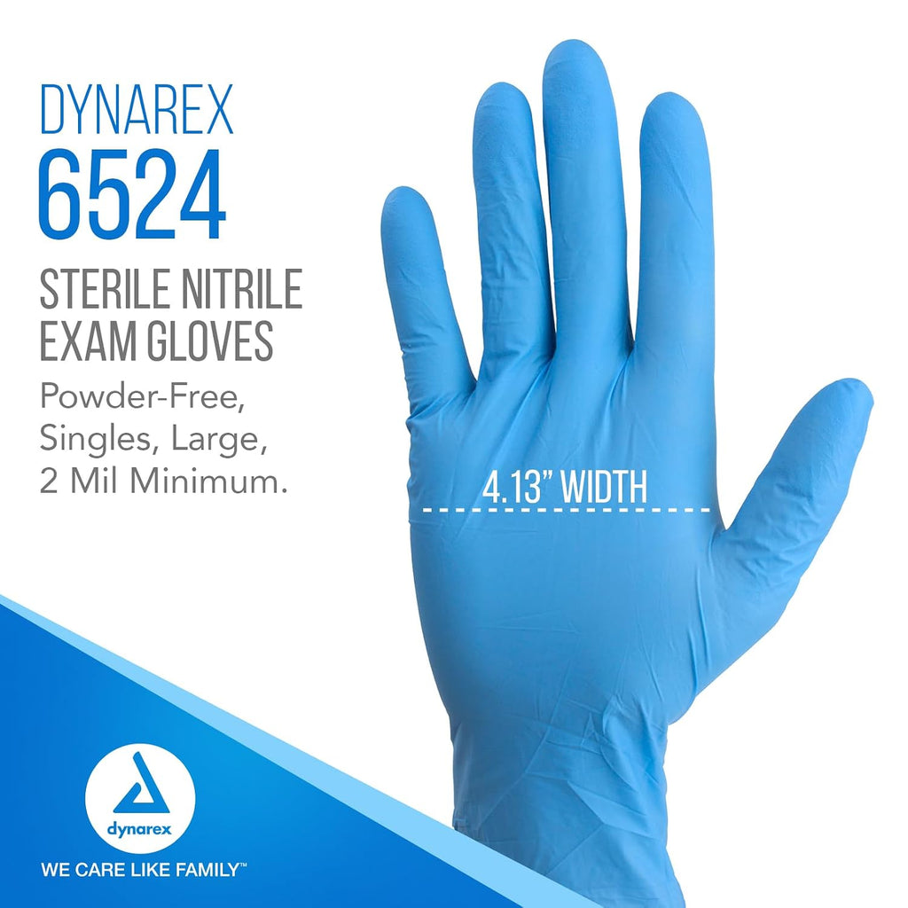 Dynarex Sterile Disposable Nitrile Exam Gloves, Powder-Free, Sterilely Individually Packaged, Textured Palms, Blue, Large, 1 Case - 8 Boxes of 100