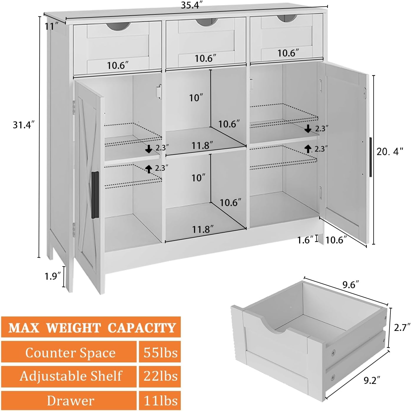 Viaozutis Storage Cabinet, Coffee Bar Cabinet with 2 Adjustable Shelves, 3 Drawers, and 2 Doors, for Bathroom, Kitchen, Living Room (White)