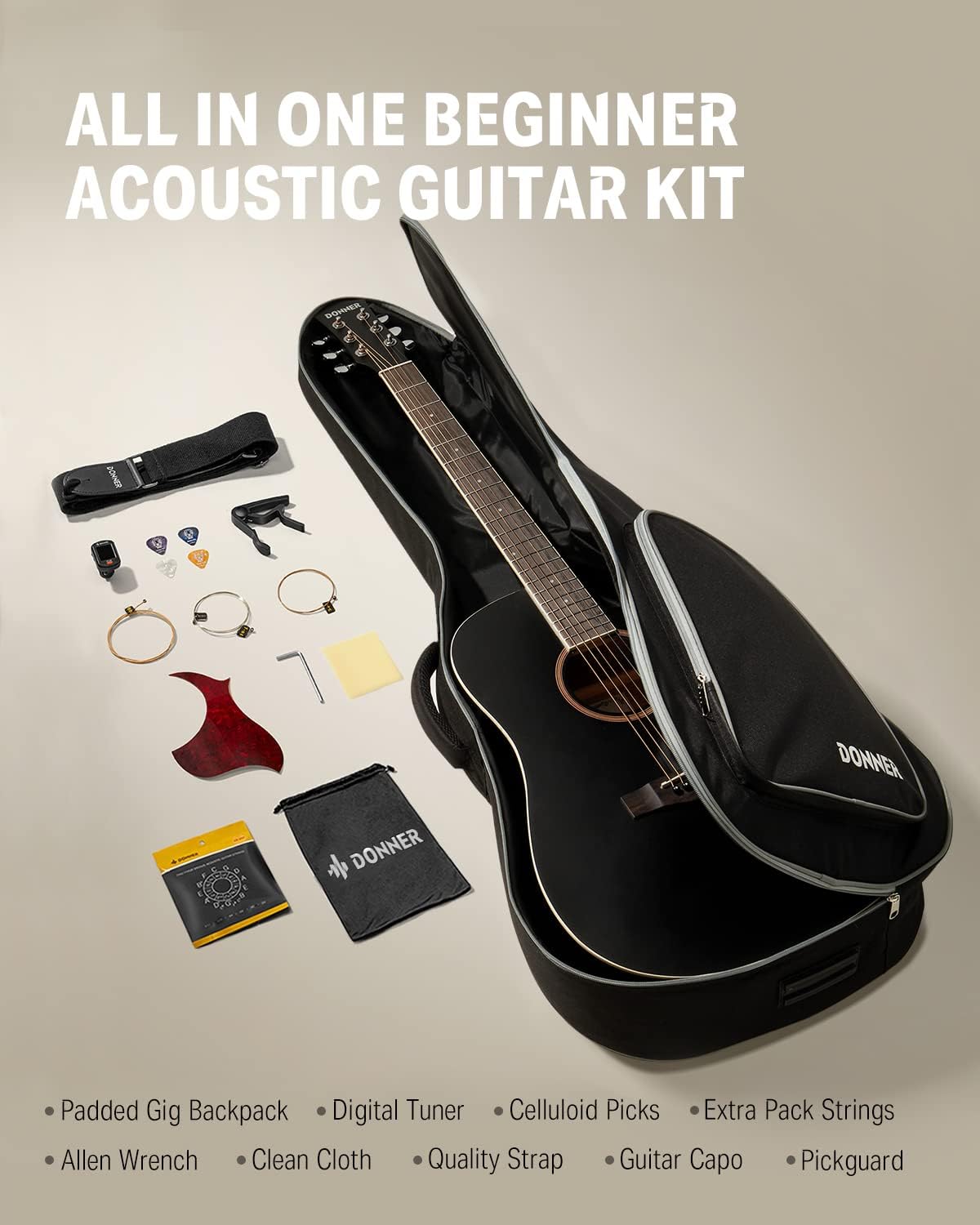 Donner Black Acoustic Guitar Kit-Guitar Wall Mount Locking