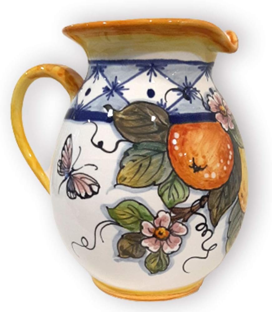 Italian Ceramic Pitcher Lemon - 33 oz Hand Painted Utensil Holder Or Carafe Design for Kitchen - Made in ITALY Tuscany - Italian Pottery Vase Jar for Wine - Home Decor Ceramics Dispenser