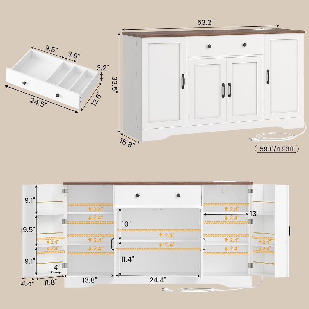 Brinlawb Buffet Cabinet with Storage & Charging Station, 53' Farmhouse Coffee Cabinet with Compartment Drawer, Sideboard Cabinets with Door and Adjustable Shelves for Kitchen, White