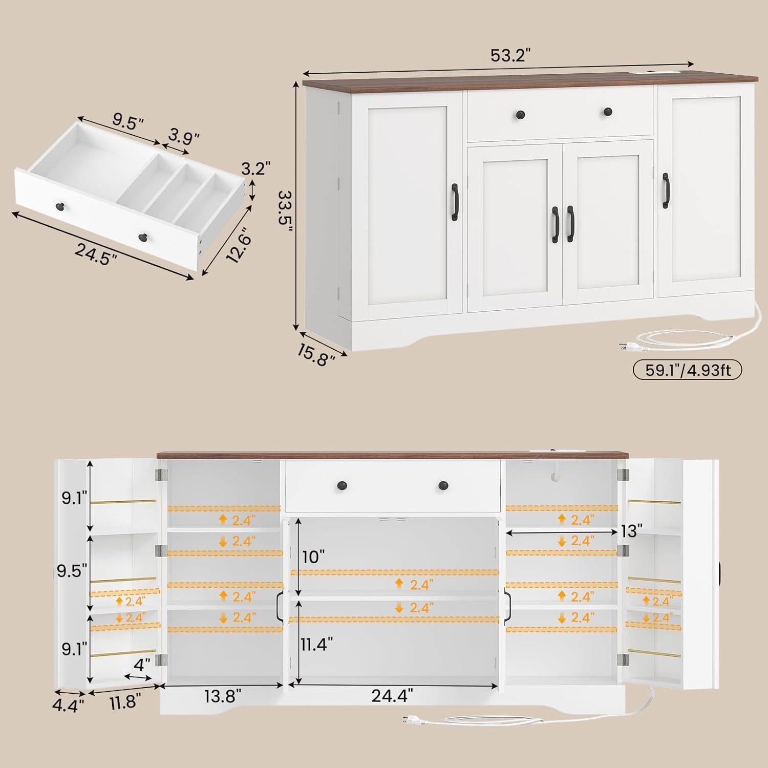 Brinlawb Buffet Cabinet with Storage & Charging Station, 53' Farmhouse Coffee Cabinet with Compartment Drawer, Sideboard Cabinets with Door and Adjustable Shelves for Kitchen, White