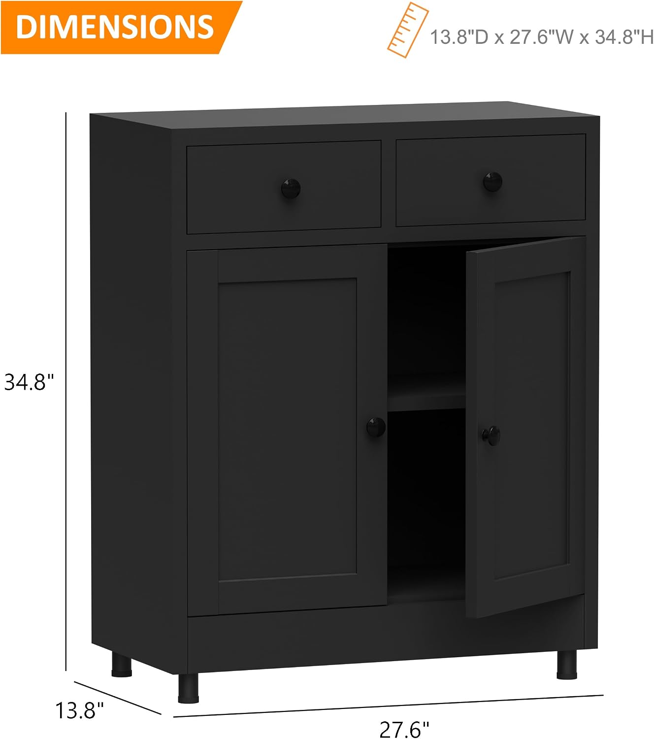 Metal Storage Cabinet with 2 Drawers and Adjustable Shelf, Sideboard Buffet Cabinet for Home, Office, Hallway, Entryway, Living Room, Kitchen Pantry and Dining Room (Black)
