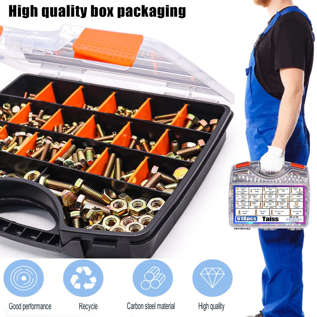 Taiss 904pcs Grade 8.8 Metric Bolt Assortment & SAE Nuts and Bolts Assortment Kit,M4 M5 M6 M8 M10 1/4-20,5/16-18,3/8-16 1/2-13(12-60mm)+618pcs Grade 8.8 Bolts and Nuts Kit,Bolt Assortment Kit