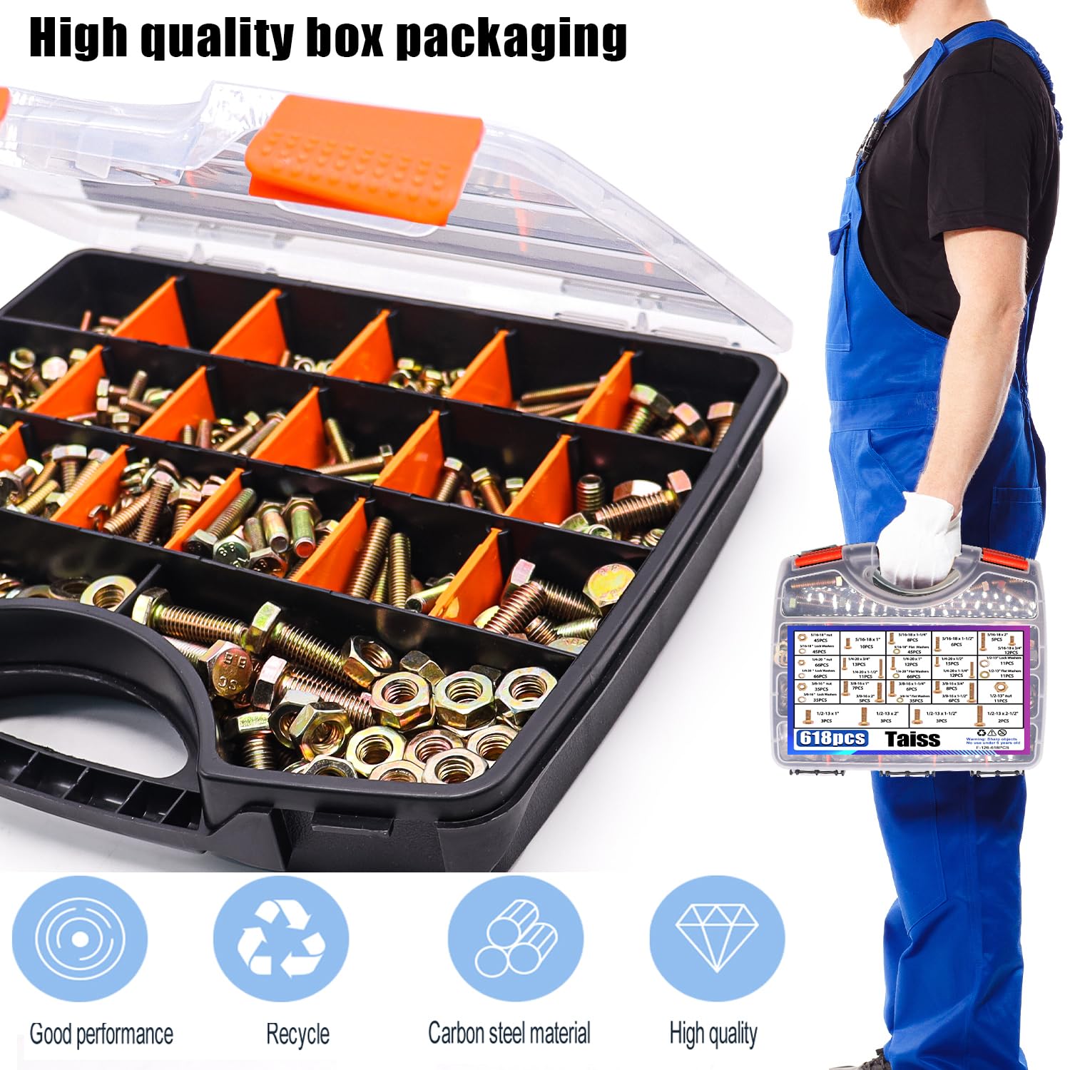 Taiss 904pcs Grade 8.8 Metric Bolt Assortment & SAE Nuts and Bolts Assortment Kit,M4 M5 M6 M8 M10 1/4-20,5/16-18,3/8-16 1/2-13(12-60mm)+618pcs Grade 8.8 Bolts and Nuts Kit,Bolt Assortment Kit