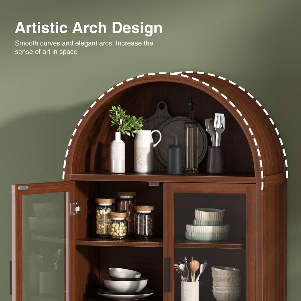 FiveWillowise Kitchen Pantry Cabinet with Glass Doors - Arched Design, Solid Wood Legs, Artistic Fluted Door, Adjustable Shelves, 70.8' Curved Storage Cabinet for Kitchen, Dining Room