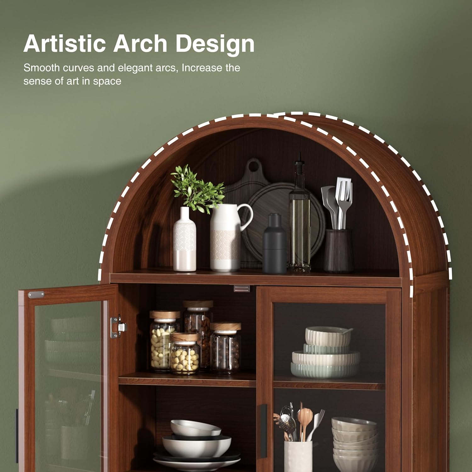 FiveWillowise Kitchen Pantry Cabinet with Glass Doors - Arched Design, Solid Wood Legs, Artistic Fluted Door, Adjustable Shelves, 70.8' Curved Storage Cabinet for Kitchen, Dining Room