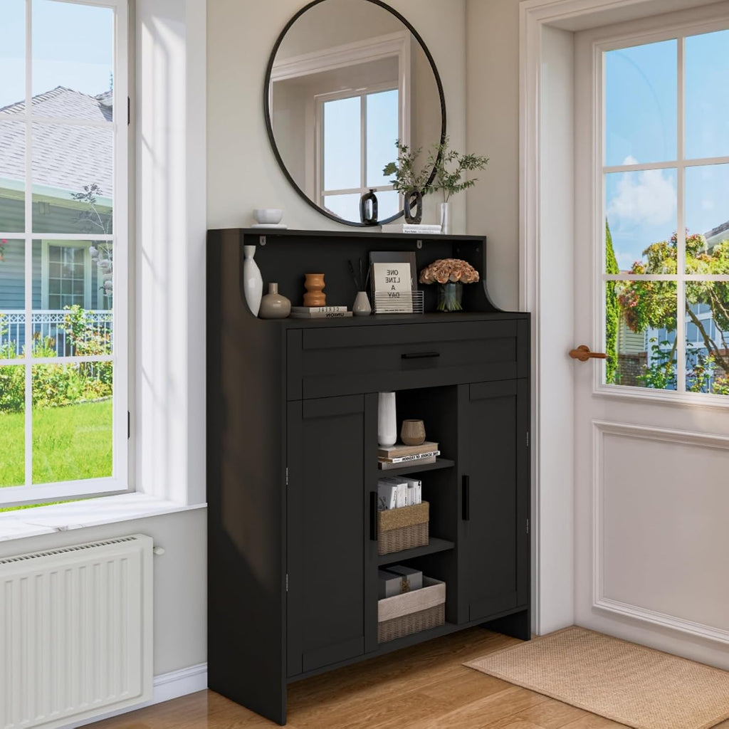 Viaozutis Storage Cabinet with Doors and Drawers, Kitchen Storage Cabinet with 1 Large Drawer,2 Doors,and 2 Adjustable Shelves,for Bathroom/Kitchen/Living Room/Entrance Hall (Black)