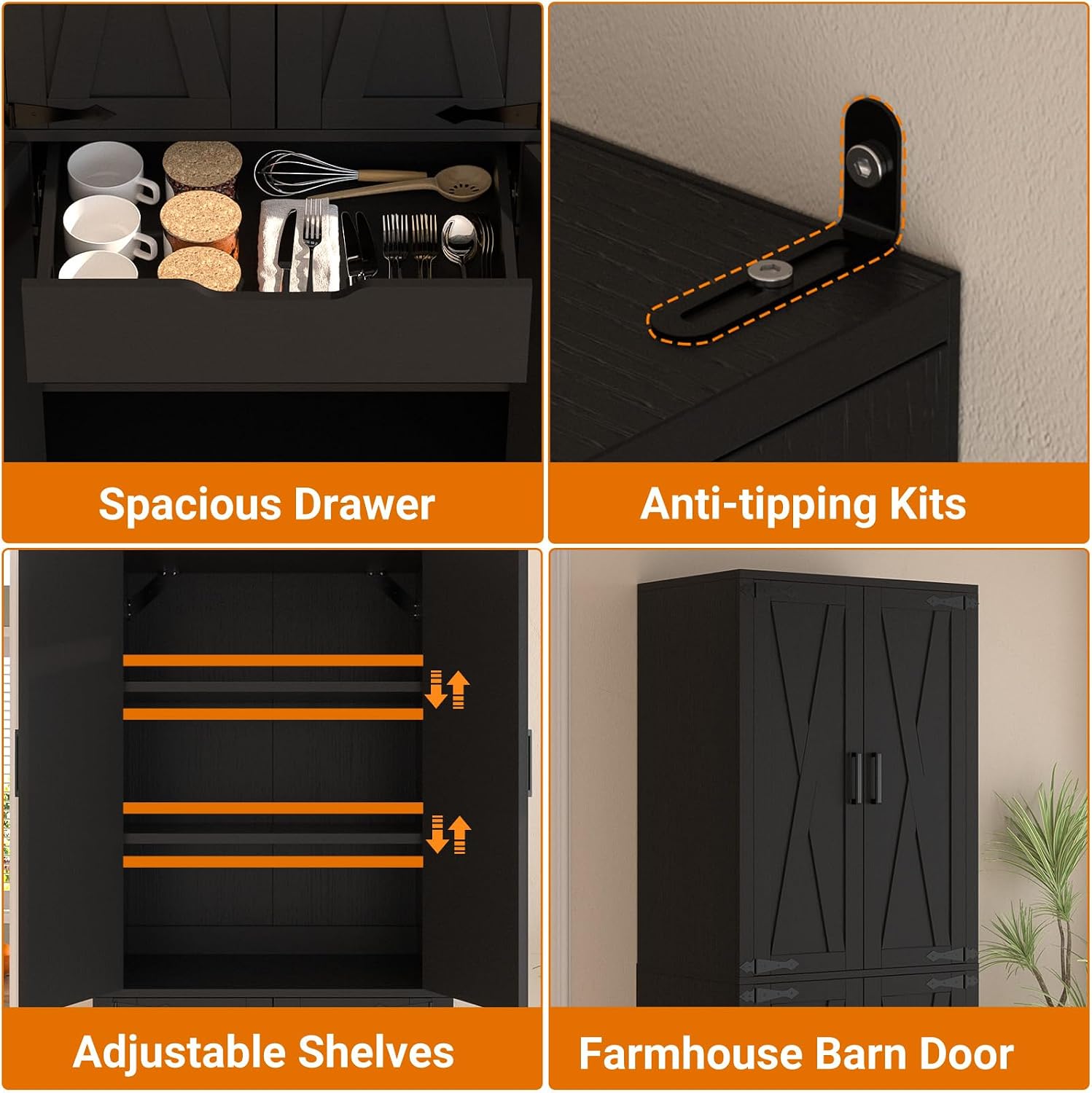 Unikito Black 71' Tall Kitchen Pantry Cabinet, Hidden Drawer and Farmhouse Barn Doors, 4 Adjustable Shelves, Freestanding Cupboard for Kitchen, Dining Room, Living Room, Utility Room