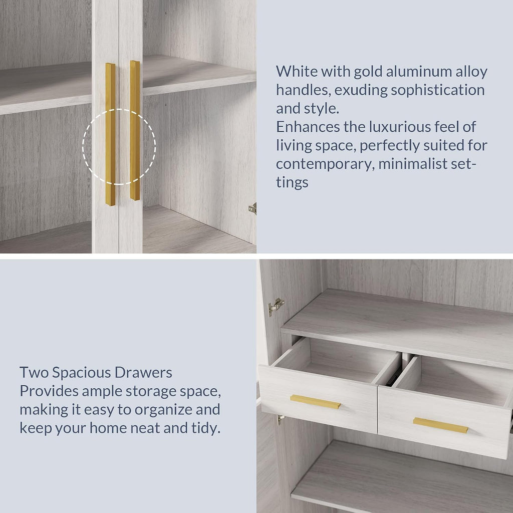 BELLEZE 72' High Storage Cabinet with Adjustable Shelves and Drawers, Freestanding Cabinet with Ample Storage Space for Kitchen, Dining & Living Room - White
