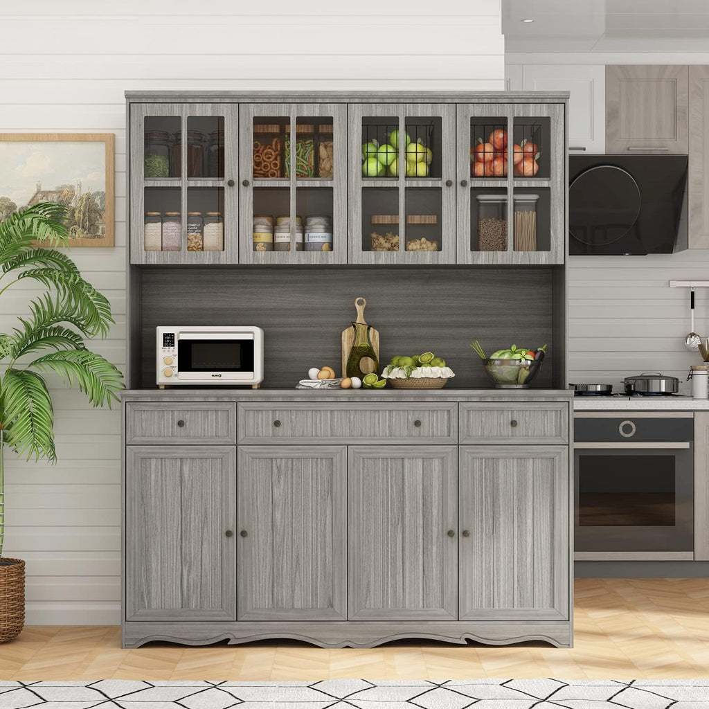 AIEGLE Large Kitchen Hutch Cabinet, Storage Cupboard Pantry with Glass Doors, Drawers & Countertop, Floor Kitchen Pantry Storage Cabinet Utility Buffet, Wooden Grey (61.2' L x 18.1' W x 75.9' H)