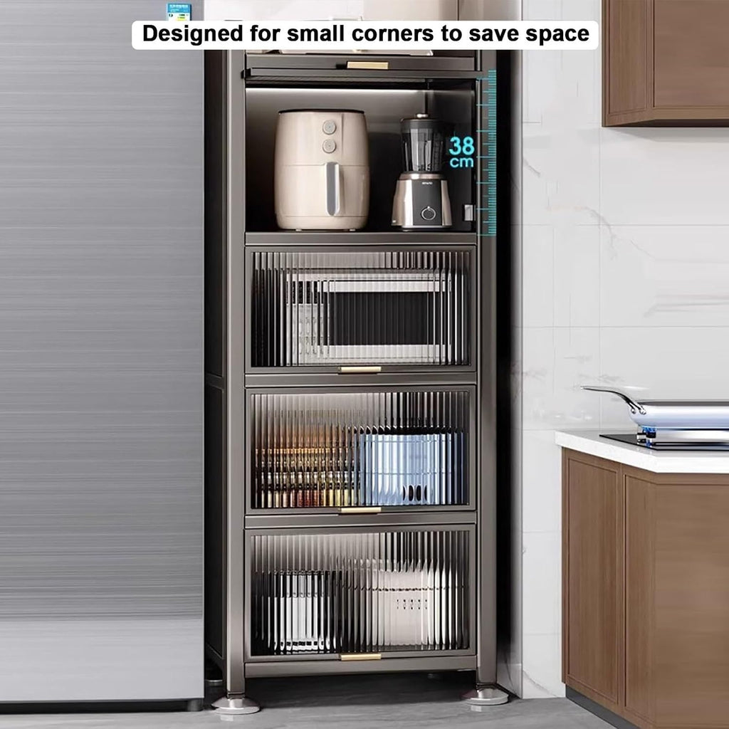 Coffee Bar Cabinet with Drawer, Bakers Rack, Microwave Stand, 4-Tier / 5-Tier Microwave Stand, Transparent Flip Switch Door Design, for Kitchen, Dining Room, Living Room (Color : 4-Layers, Size : 45