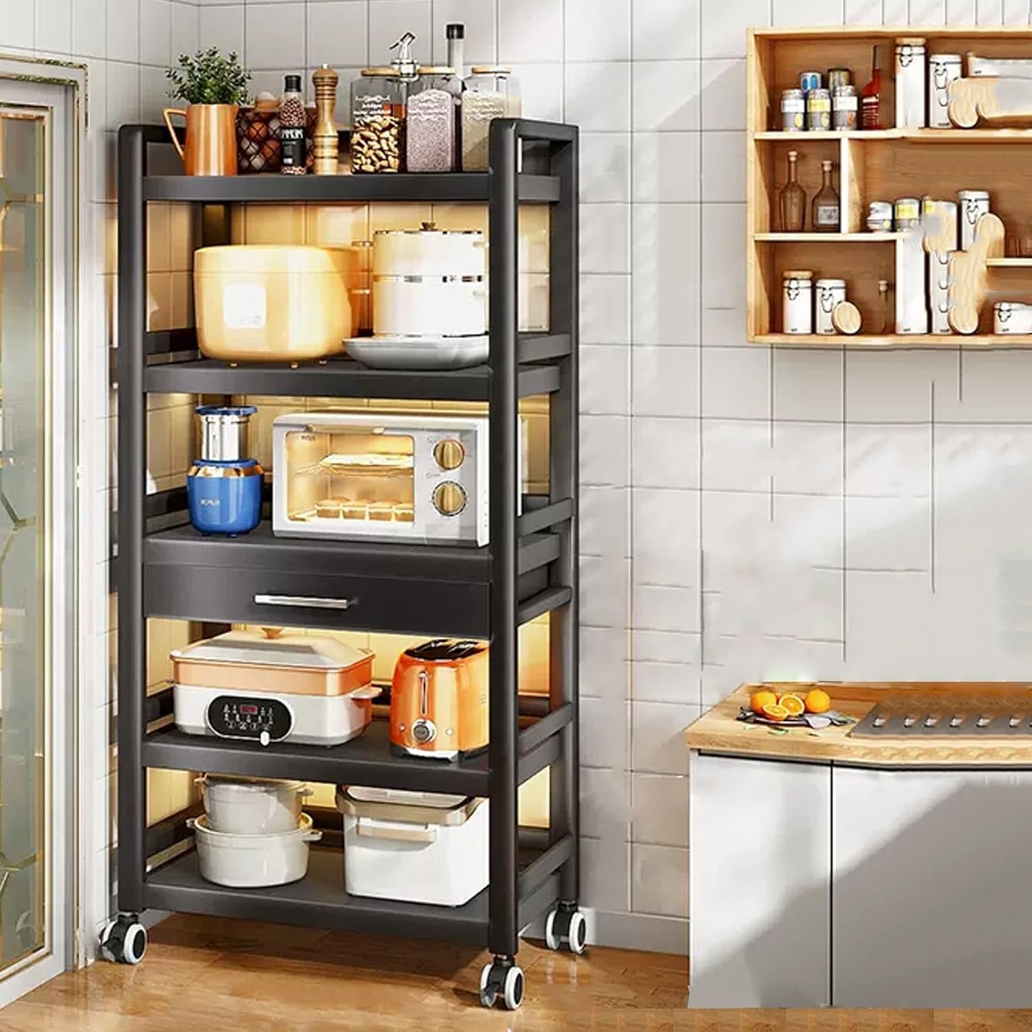 Kitchen Floor Cupboard Tall Storage Cabinet with Flip Doors Adjustable Shelves Kitchen Storage Sideboard with Countertop Free Standing，Microwave Oven Rack, Black Baker's Rack with Drawer, Mo