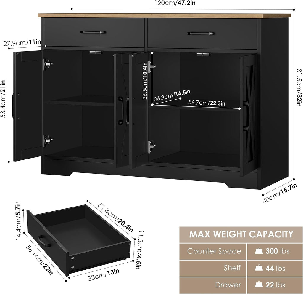 HOSTACK Buffet Cabinet with Storage, 47.2' Kitchen Sideboard Buffet with Drawers, Modern Farmhouse Coffee Bar Station with Shelves, Barn Doors Storage Cabinet for Living Room, Black/Rustic Brown