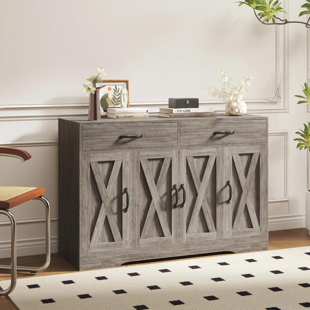 Sideboard Cabinet with Drawers, 47' W Sideboard Buffet Storage Cabinet with Storage for Kitchen, Farmhouse Coffee Bar Cabinets with Shlves and Doors for Hallway, Gray