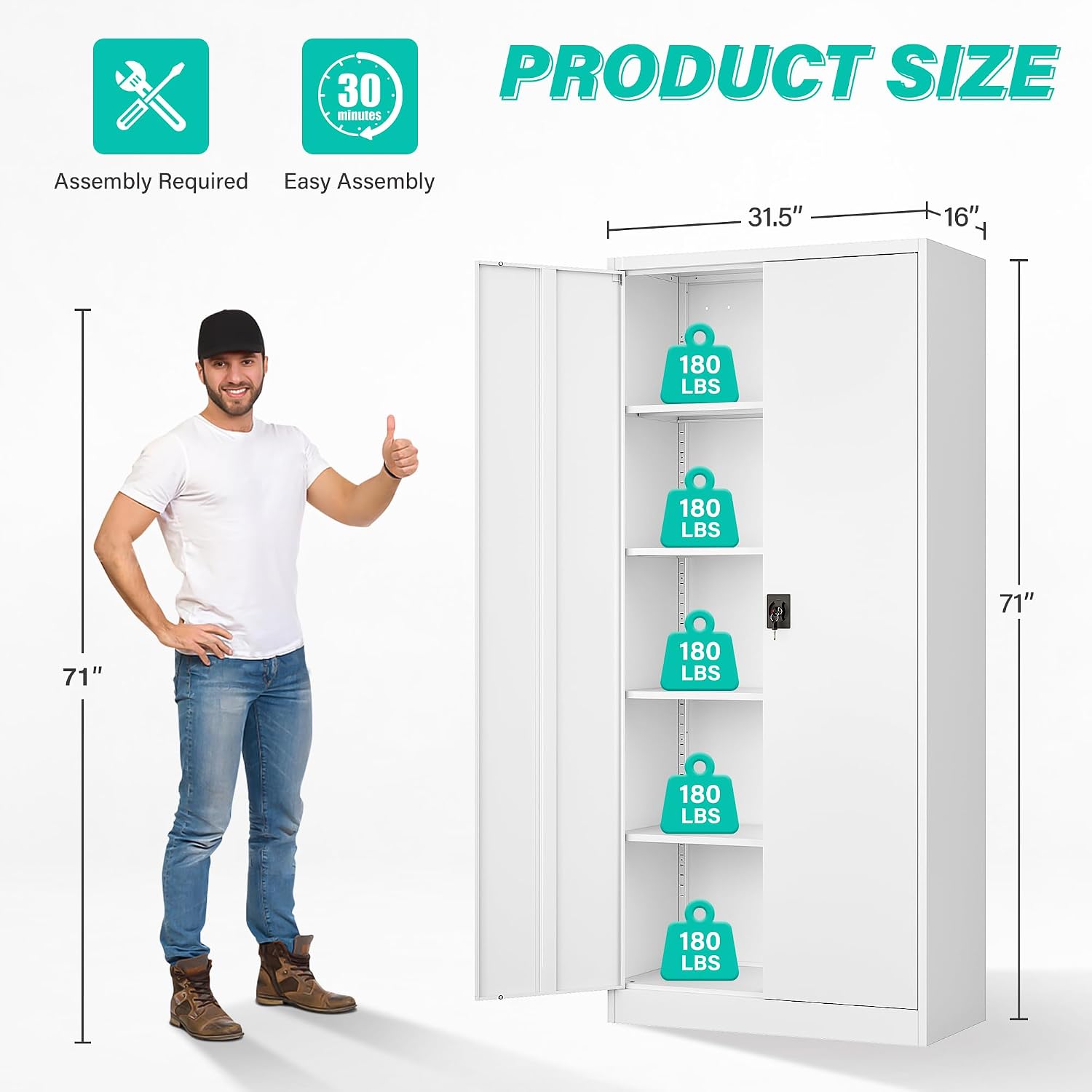 SISESOL White Metal Storage Cabinet with Adjustable Shelves,71' Tall Metal Cabinet with Locking Doors,Steel Cabinet with Lock,Lockable Storage Cabinets for Home,Office,Kitchen,Laundry,Pantry