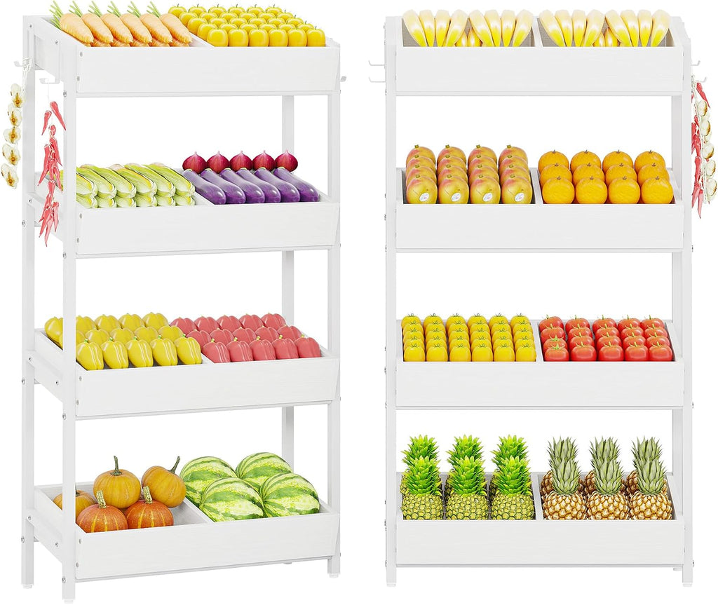 Tribesigns Wood Fruit and Vegetable Basket Stand Rack for Kitchen, Office, Store, Supremarket, Pantry Shelf Unit for Snacks, 4-Tier Wooden Utility Storage Shelves Set of 2 (White)