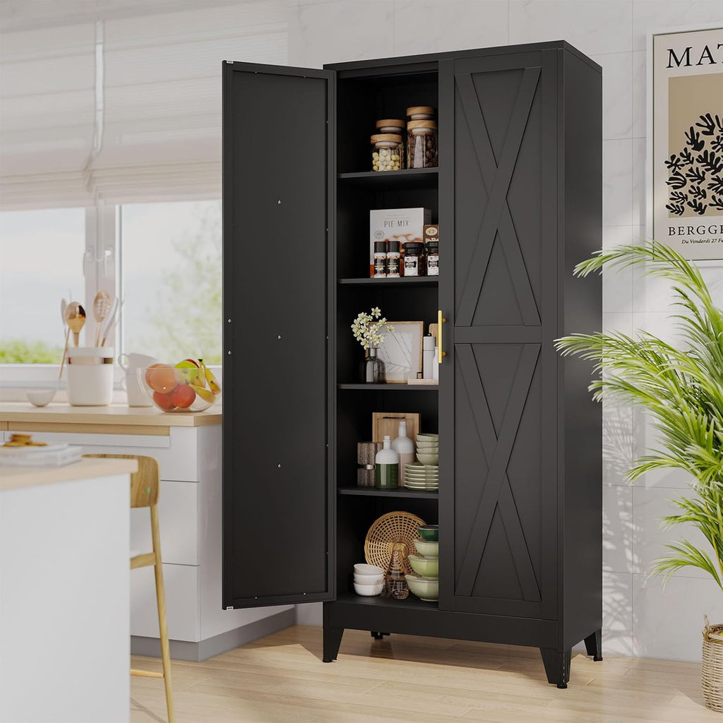 pozdeg 71' Tall Kitchen Pantry Cabinet, Metal Storage Cabinet with 2 Doors and 4 Adjustable Shelves, Black Food Pantry Cupboard for Kitchen, Dining Room, Living Room and Bathroom (Black)