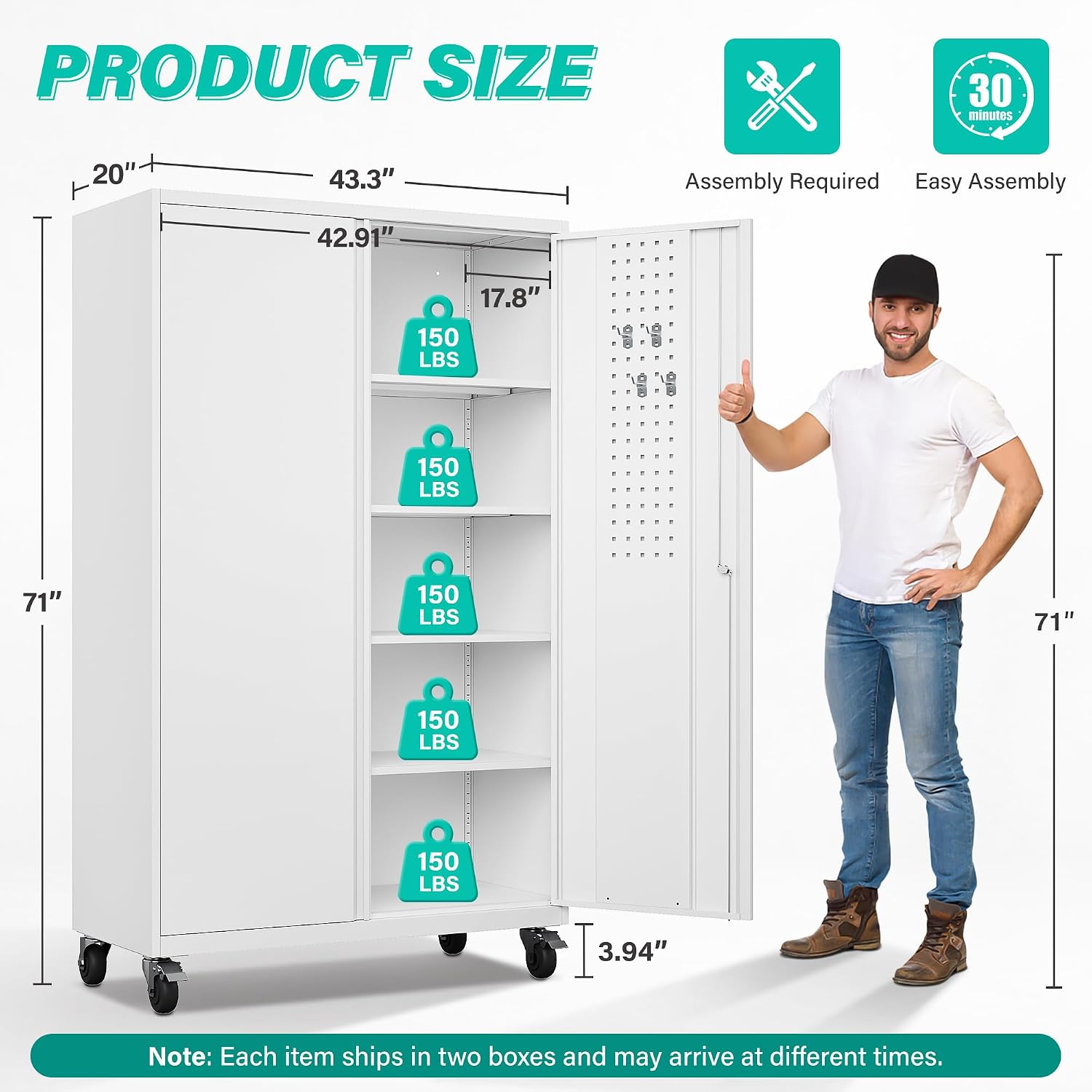 SISESOL Wide & Deep Metal Storage Cabinet with Wheels,Tall Rolling Garage Storage Cabinet with Lock,White Metal Cabinets with Pegboards and Shelves,Tool Locker for Garage,Home,Office,43''Wx 20''Dx71'H