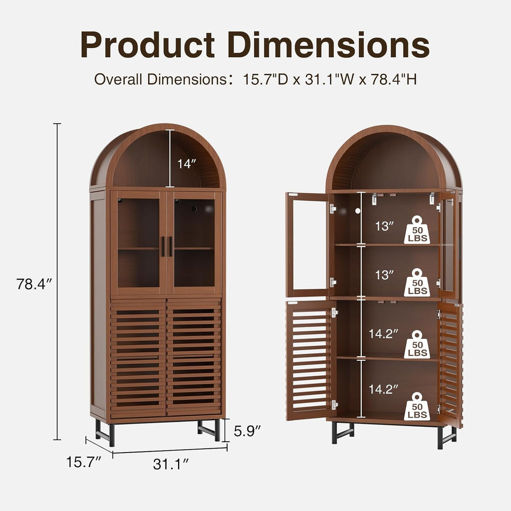 FiveWillowise Kitchen Pantry Cabinet with Glass Doors - Arched Design, Metal U Legs, Artistic Slatted Door, Adjustable Shelves, 78.4' Curved Storage Cabinet for Kitchen, Dining Room