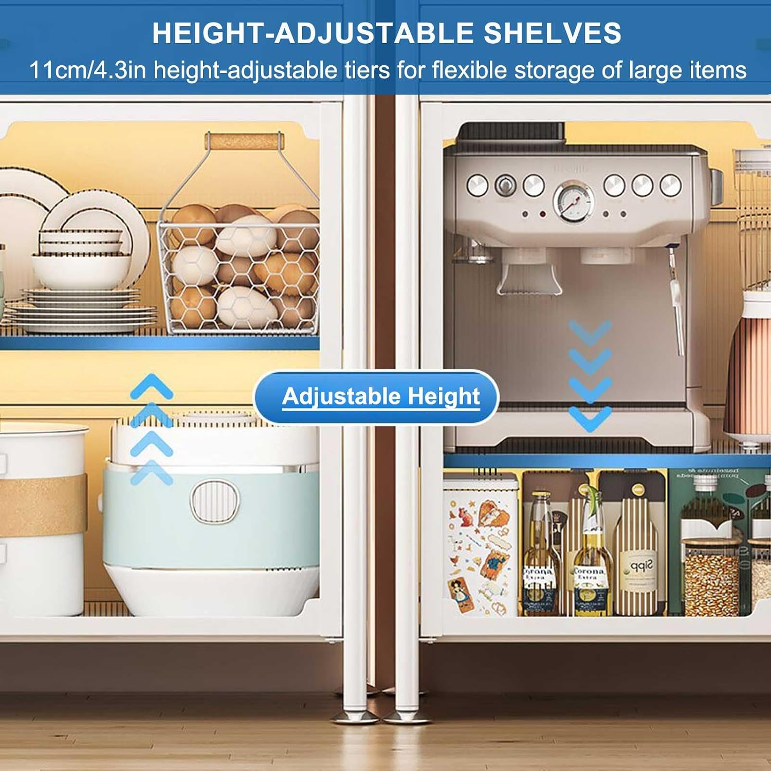 Adjustable 5 Tier Kitchen Bakers Rack with Drawer and Storage Cabinets Free Standing Microwave Stand Shelf Organizer in White 58X31.5In,Black,147.5×70cm/58×27.5in