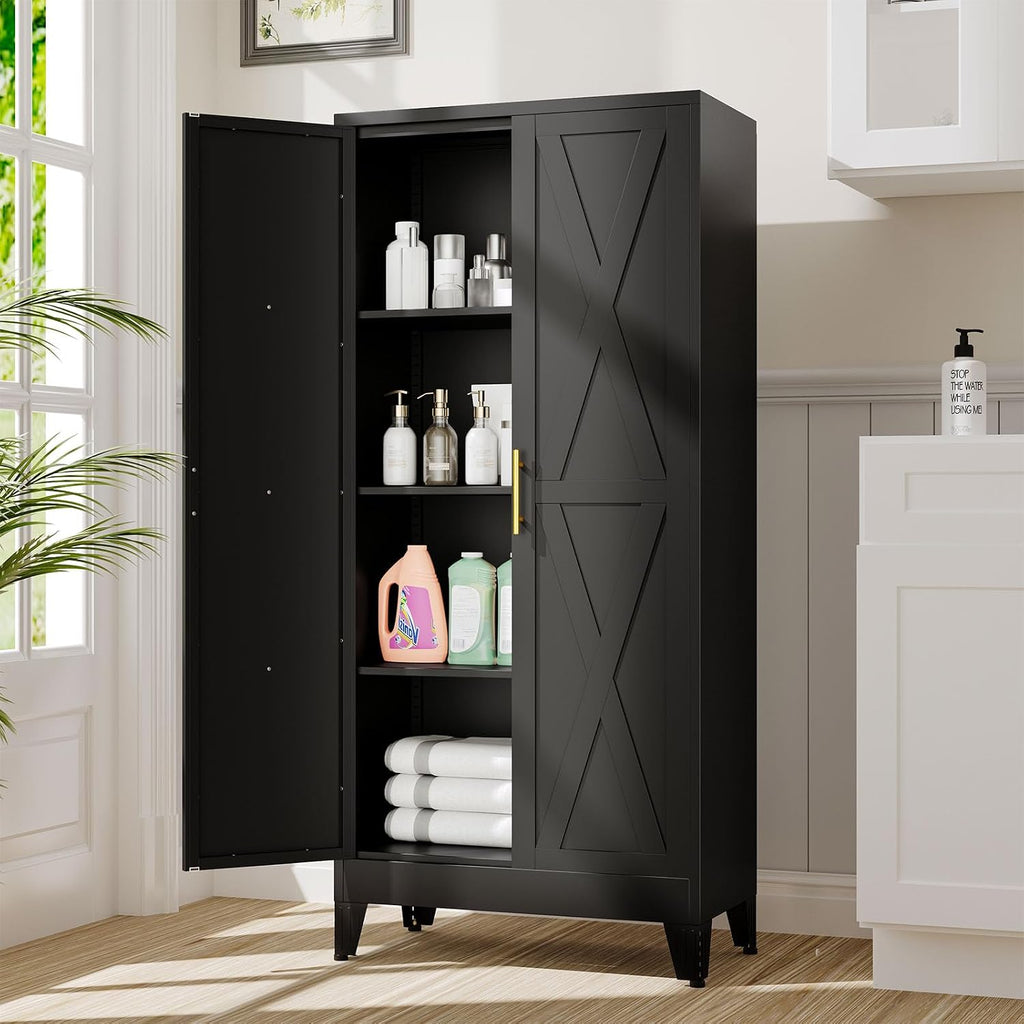61' Kitchen Pantry Cabinet, Metal Storage Cabinet with 2 Doors and 3 Adjustable Shelves, Black Food Pantry Cupboard for Kitchen, Dining Room, Living Room and Bathroom (Black)