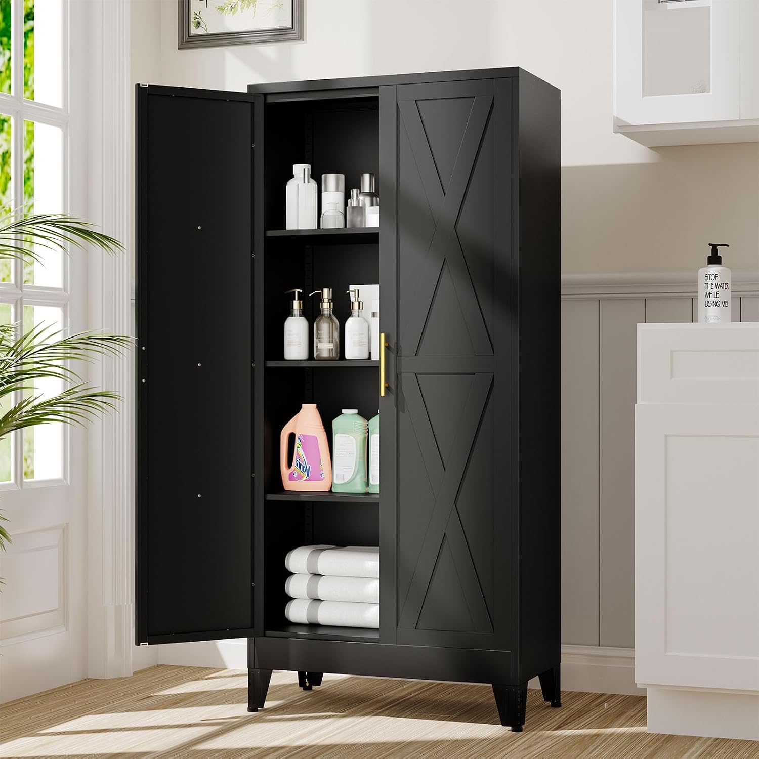 61' Kitchen Pantry Cabinet, Metal Storage Cabinet with 2 Doors and 3 Adjustable Shelves, Black Food Pantry Cupboard for Kitchen, Dining Room, Living Room and Bathroom (Black)