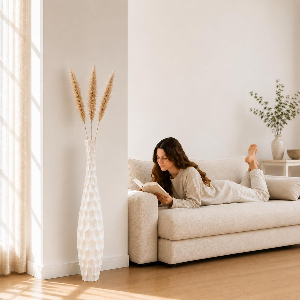 Leewadee Large White Home Decor Floor Vase - Wooden 34 inch Tall Farmhouse Decor Flower Holder for Fake Plant and Pampas Grass